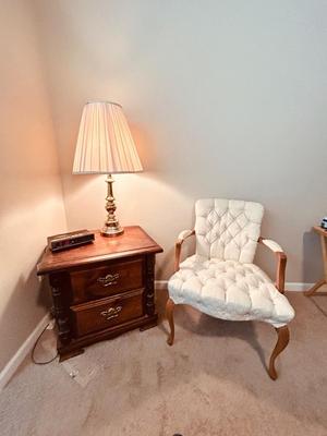 NIGHT STAND, TOUCH LAMP AND UPHOLSTERED ARM CHAIR