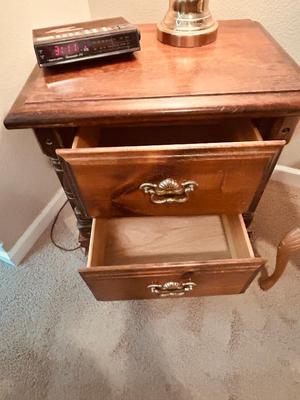 NIGHT STAND, TOUCH LAMP AND UPHOLSTERED ARM CHAIR