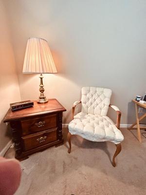 NIGHT STAND, TOUCH LAMP AND UPHOLSTERED ARM CHAIR