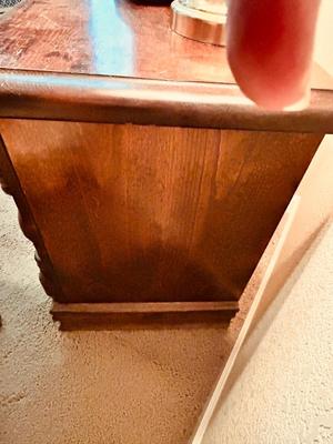 NIGHT STAND, TOUCH LAMP AND UPHOLSTERED ARM CHAIR