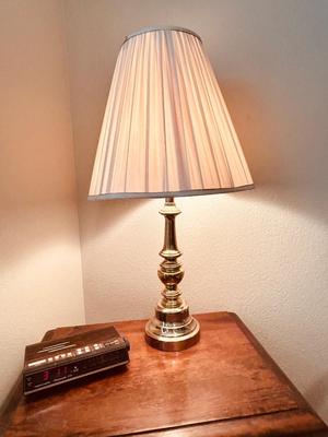 NIGHT STAND, TOUCH LAMP AND UPHOLSTERED ARM CHAIR