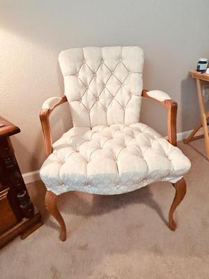 NIGHT STAND, TOUCH LAMP AND UPHOLSTERED ARM CHAIR