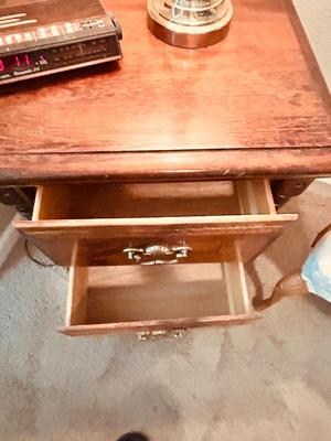 NIGHT STAND, TOUCH LAMP AND UPHOLSTERED ARM CHAIR