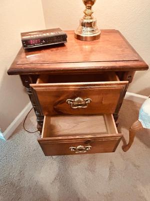 NIGHT STAND, TOUCH LAMP AND UPHOLSTERED ARM CHAIR