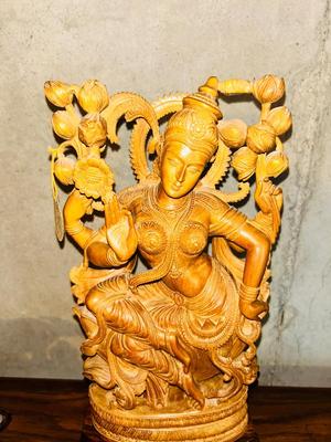HAND CARVED WOODEN STATUE OF LAKSHMI HINDU GODDESS OF WEALTH, FORTUNE, LOVE, BEAUTY, JOY, AND PROSPERITY