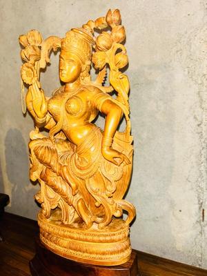 HAND CARVED WOODEN STATUE OF LAKSHMI HINDU GODDESS OF WEALTH, FORTUNE, LOVE, BEAUTY, JOY, AND PROSPERITY