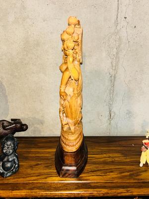 HAND CARVED WOODEN STATUE OF LAKSHMI HINDU GODDESS OF WEALTH, FORTUNE, LOVE, BEAUTY, JOY, AND PROSPERITY