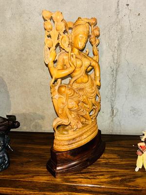HAND CARVED WOODEN STATUE OF LAKSHMI HINDU GODDESS OF WEALTH, FORTUNE, LOVE, BEAUTY, JOY, AND PROSPERITY