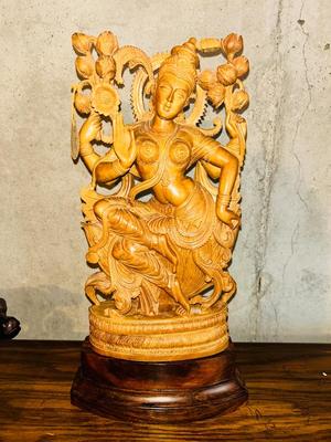 HAND CARVED WOODEN STATUE OF LAKSHMI HINDU GODDESS OF WEALTH, FORTUNE, LOVE, BEAUTY, JOY, AND PROSPERITY