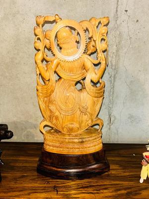 HAND CARVED WOODEN STATUE OF LAKSHMI HINDU GODDESS OF WEALTH, FORTUNE, LOVE, BEAUTY, JOY, AND PROSPERITY