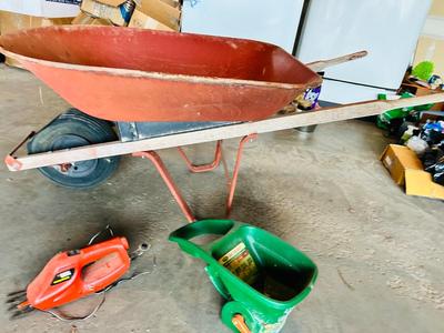 SCOTTS HAND FERTALIZER SPREADER, HEADGE TRIMMER AND WHEEL BARROW