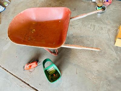 SCOTTS HAND FERTALIZER SPREADER, HEADGE TRIMMER AND WHEEL BARROW