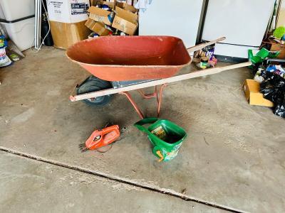 SCOTTS HAND FERTALIZER SPREADER, HEADGE TRIMMER AND WHEEL BARROW