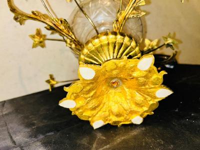 1950.’s TOLE FLOWER DECORATIVE BOWL CENTERPIECE BRASS, ETCHED GLAS BOWL