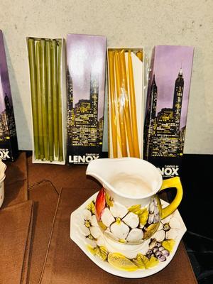 LEFTON DOGWOOD VASE/CREAMER PITCHER, CLOTH NAPKINS AND LENOX CANDLE STICK HOLDERS
