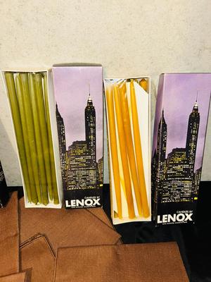LEFTON DOGWOOD VASE/CREAMER PITCHER, CLOTH NAPKINS AND LENOX CANDLE STICK HOLDERS