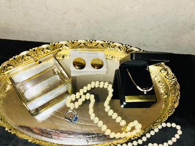 DRESSER TRAY, GOLD TONE AND PEARL COSTUME JEWELRY