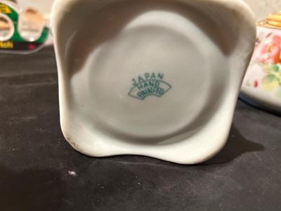 HAND PAINTED CREAMER AND SUGAR CONTAINERS AND BUD VASE