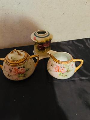 HAND PAINTED CREAMER AND SUGAR CONTAINERS AND BUD VASE