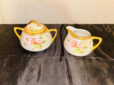 HAND PAINTED CREAMER AND SUGAR CONTAINERS AND BUD VASE