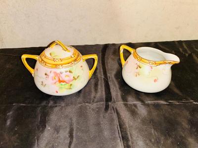 HAND PAINTED CREAMER AND SUGAR CONTAINERS AND BUD VASE