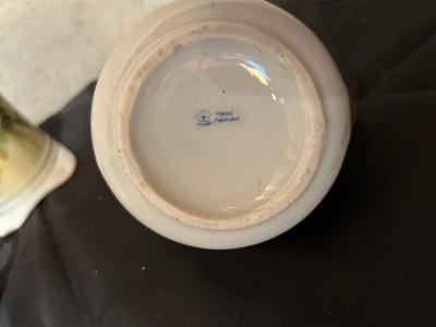 HAND PAINTED CREAMER AND SUGAR CONTAINERS AND BUD VASE