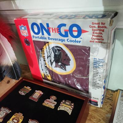 Washington Redskins NFL Memorabilia Pins, Joe Gibbs Book, Monopoly, Cooler, Bank, Gym Bag and More