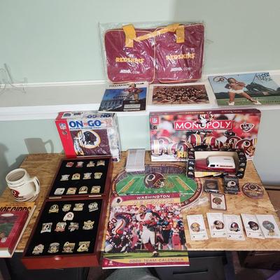 Washington Redskins NFL Memorabilia Pins, Joe Gibbs Book, Monopoly, Cooler, Bank, Gym Bag and More