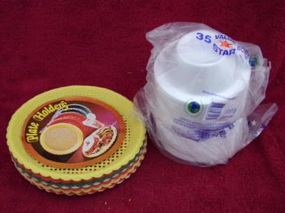 Picnic time! Stack of paper plate holders and Styrofoam soup bowls.
