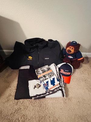 BRONCOS AND CU BUFFS GEAR ALONG WITH A BRONCO BOOK