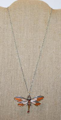RED/ORANGE & PINK Dragonfly PENDANT (2½" x 2") on a Silver Tone Necklace Chain 19" L