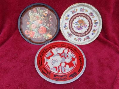 TRIPLETS, 3 metal serving trays, each about 12-1/2" diameter.