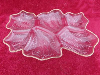VTG relish server dish. Divided into 6 leaf shaped sections. Gold trim.