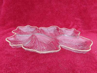 VTG relish server dish. Divided into 6 leaf shaped sections. Gold trim.
