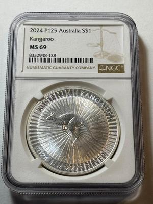 NGC CERTIFIED AUSTRALIA 2024-P MS69 KANGEROO 1-OUNCE SILVER COIN AS PICTURED.