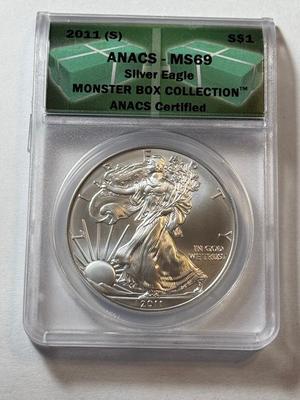 ANACS CERTIFIED 2011-(S) MS69 SILVER EAGLE DOLLAR 1-OUNCE .999 COIN AS PICTURED.