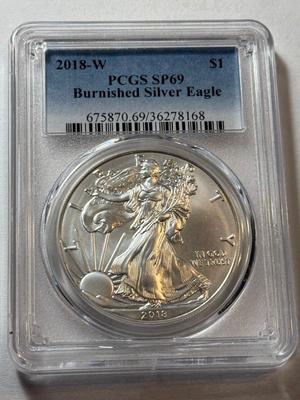 PCGS CERTIFIED 2018-(W) MS69 BURNISHED SILVER EAGLE DOLLAR 1-OUNCE .999 COIN AS PICTURED.