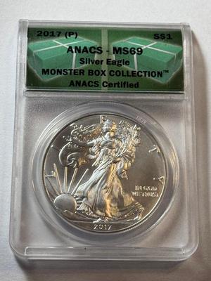 ANACS CERTIFIED 2017-(P) MS69 SILVER EAGLE DOLLAR 1-OUNCE .999 COIN AS PICTURED.