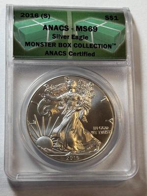 ANACS CERTIFIED 2016-(S) MS69 SILVER EAGLE DOLLAR 1-OUNCE .999 COIN AS PICTURED.