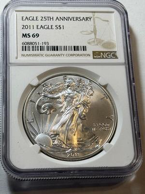 NGC CERTIFIED 2011 MS69 25TH ANNIVERSARY SILVER EAGLE DOLLAR 1-OUNCE .999 COIN AS PICTURED.