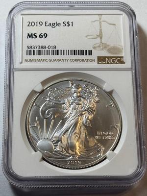 NGC CERTIFIED 2019 MS69 SILVER EAGLE DOLLAR 1-OUNCE .999 COIN AS PICTURED.