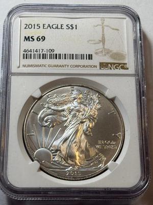 NGC CERTIFIED 2015 MS69 SILVER EAGLE DOLLAR 1-OUNCE .999 COIN AS PICTURED.