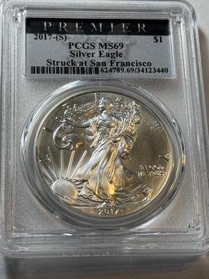 PCGS CERTIFIED 2017-(S) MS69 SILVER EAGLE DOLLAR 1-OUNCE .999 COIN AS PICTURED.