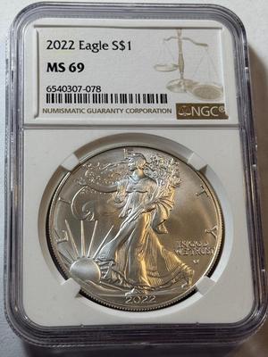 NGC CERTIFIED 2022 MS69 SILVER EAGLE DOLLAR 1-OUNCE .999 COIN AS PICTURED.