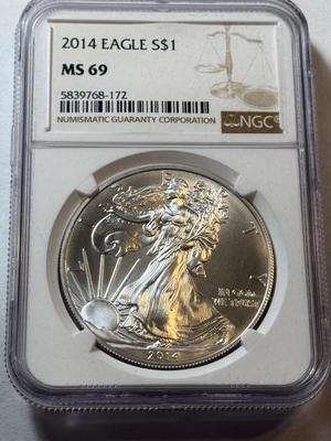 NGC CERTIFIED 2014 MS69 SILVER EAGLE DOLLAR 1-OUNCE .999 COIN AS PICTURED.