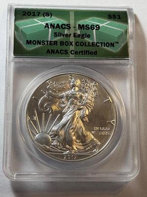ANACS CERTIFIED 2017-(S) MS69 SILVER EAGLE DOLLAR 1-OUNCE .999 COIN AS PICTURED.