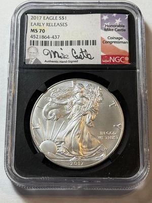 NGC CERTIFIED 2017 MS70 MIKE CASTLE SIGNED SILVER EAGLE DOLLAR 1-OUNCE .999 COIN AS PICTURED.