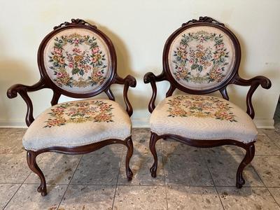 Pair of Vintage Carved Wood Armchairs