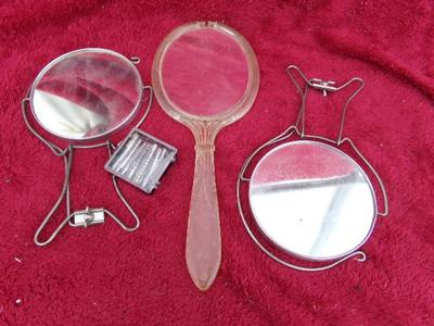 THREE hand mirrors, Also a little package of hair curler pins.