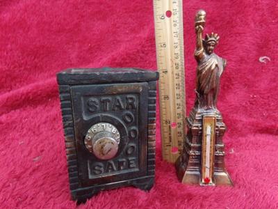 2 VTG/antique cast metal items. Replica Statue of Liberty & childs' bank